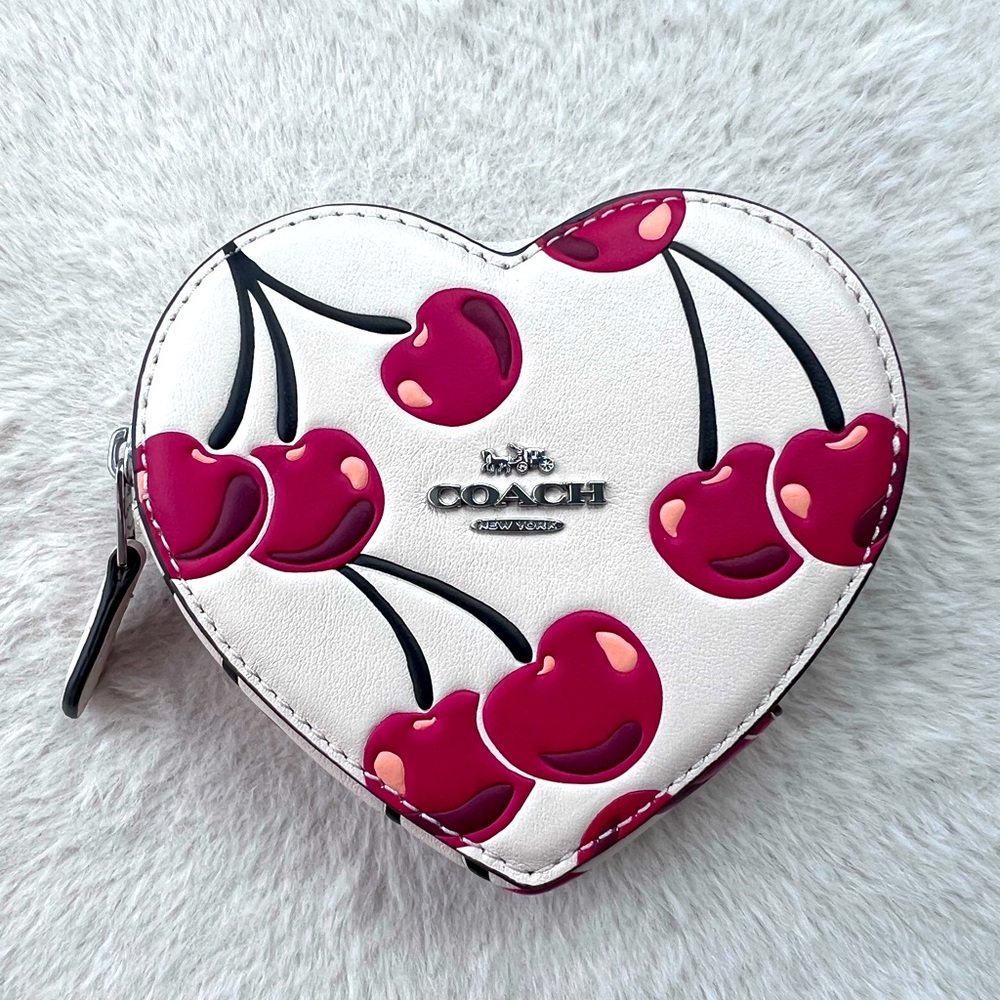 Coach CZ477 Leather Heart Coin Case With Cherry Print